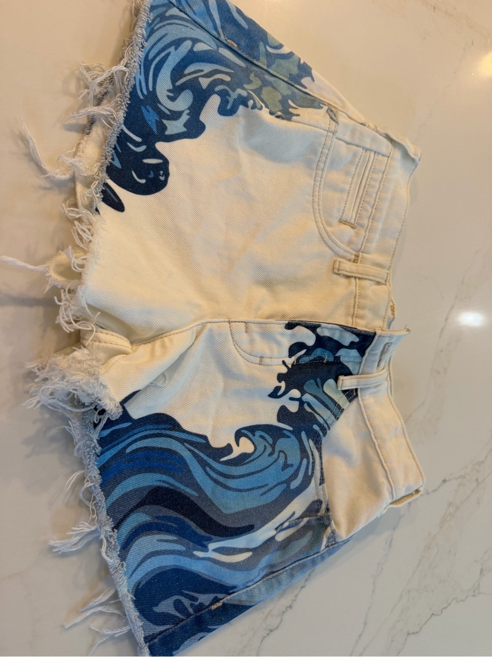 Anthropologie White Denim Shorts with Blue Wave Motif